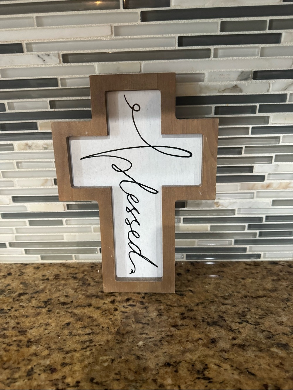 Blessed Wooden Cross Wall Art in White and Natural